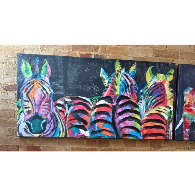 Vintage Vibrant Safari Elephant and Giraffe on Glossy Canvas Set by Sought After Tracy Miller - Set of 2 For Sale - Image 9 of 13