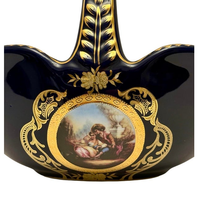 1960s Vintage Gilded Cobalt Blue Large Porcelain Basket Courting Couple Motif France. For Sale - Image 5 of 9