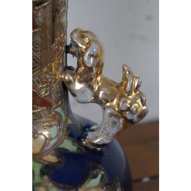 Antique Japanese Meiji Era Porcelain Satsuma Figural Kutani Vase Fu Dogs Geisha For Sale - Image 6 of 13