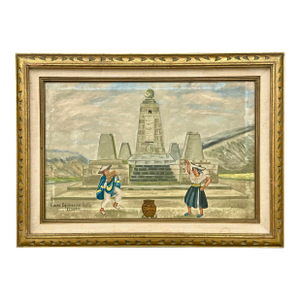 Vintage Ecuador “La Mitad Del Mundo” Signed Painting – Quito Folk Art in Carved Wood Frame