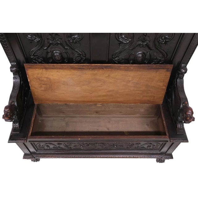 Traditional 1800s Antique Hall Bench, Italian Ren Revival, Walnut, W/ Dragons, Storage!! For Sale - Image 3 of 7