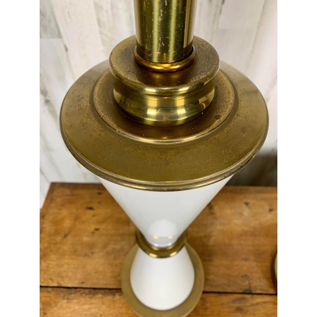 Metal Milk Glass and Brass Hourglass Shaped Table Lamps For Sale - Image 7 of 12