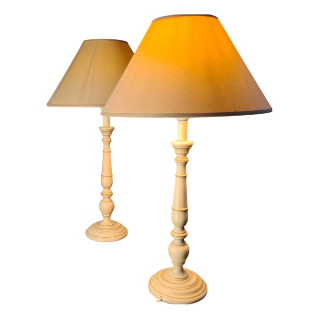 Cream Turned Wood Bedside Lamps, 1990s, Set of 2 For Sale