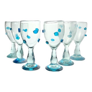 Mexican Aqua Blue Confetti Raised Pebble Mexican Blown Wine or Water Glasses - 6 pcs For Sale