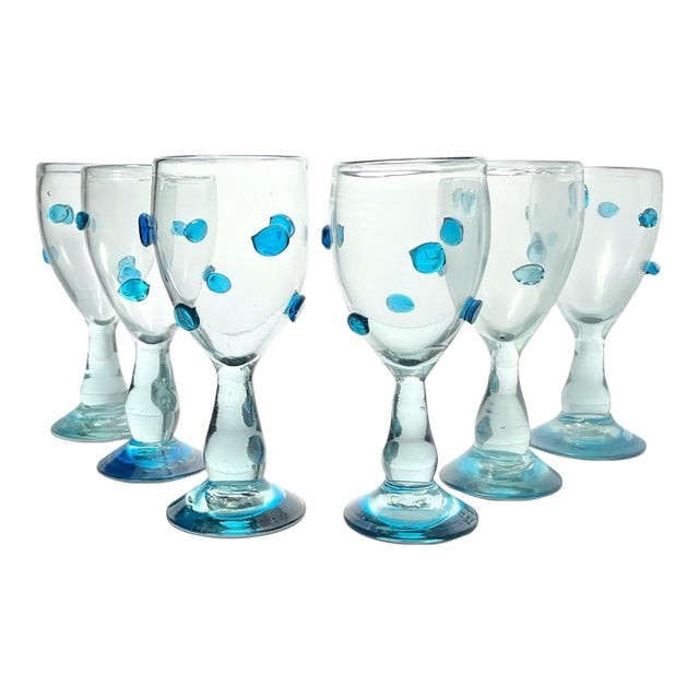 Mexican Aqua Blue Confetti Raised Pebble Mexican Blown Wine or Water Glasses - 6 pcs For Sale