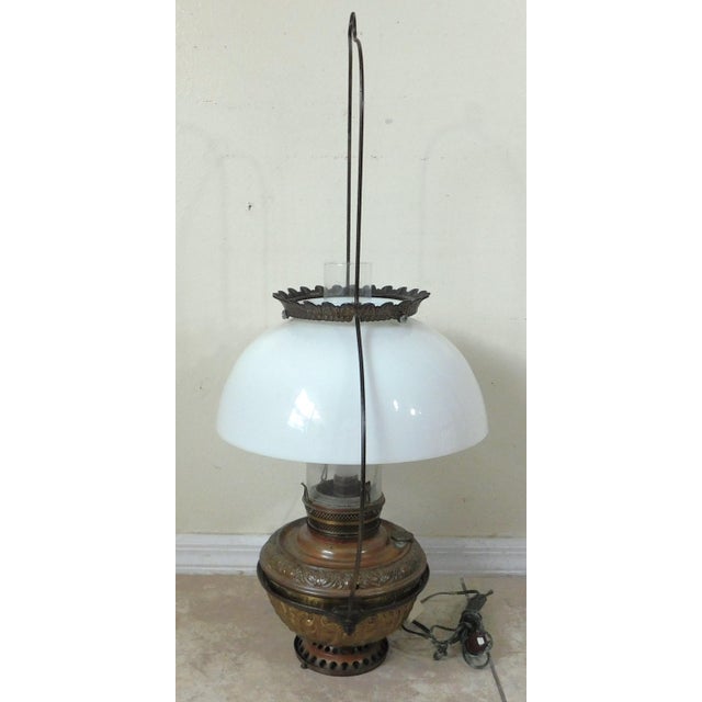 Antique C1887 Bradley & Hubbard Milk Glass Cast Iron Hanging Lantern Electrified Lamp For Sale - Image 10 of 15