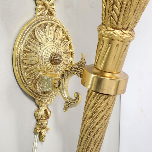 Pair of Neoclassical Antique Brass Torch Form Sconces With Frosted Glass Shades For Sale - Image 9 of 14