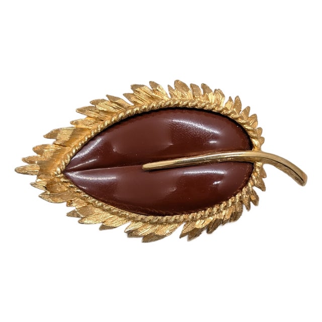 Vintage C1966 Signed Napier Book Piece Goldtone Red Resin Leaf Brooch For Sale
