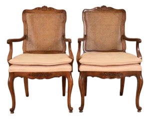 Baker Furniture Style French Provincial Louis XV Carved Walnut and Cane Back Armchairs, Pair