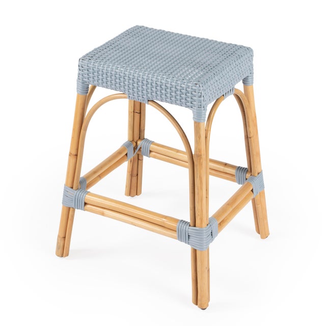 Robias 24.5 in. Seat Height Rectangular Rattan Backless Counter Stool with Footrest, Baby Blue/ Natural Rattan Frame For Sale - Image 9 of 9