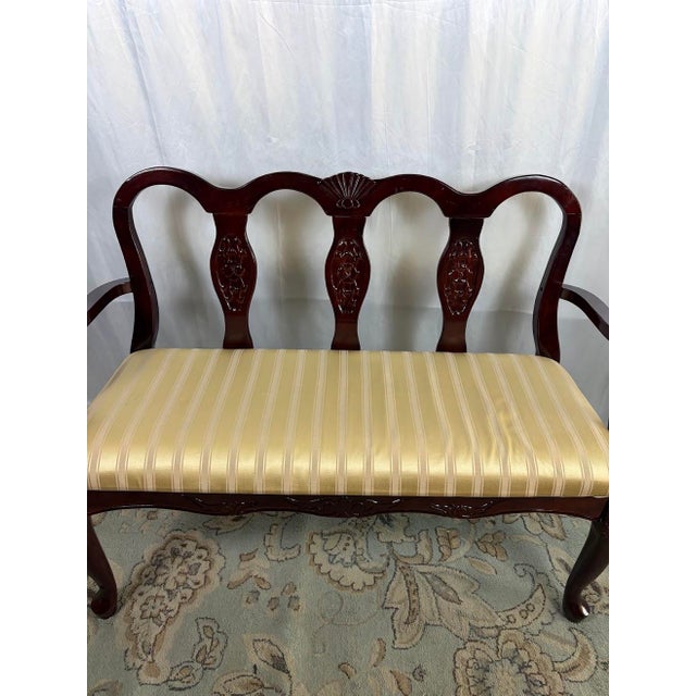 Vintage Queen Anne Style Triple-Back Walnut Settee With Stripe Satin Cushion For Sale - Image 9 of 12