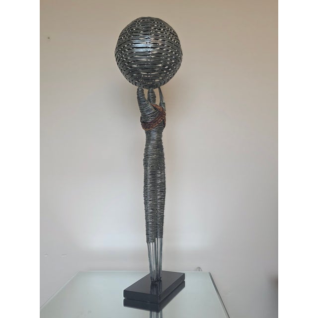 Vintage organic wire sculpture entitled 'Hercules' created from tightly wrapped silver-tone wire mounted on a rectangular...