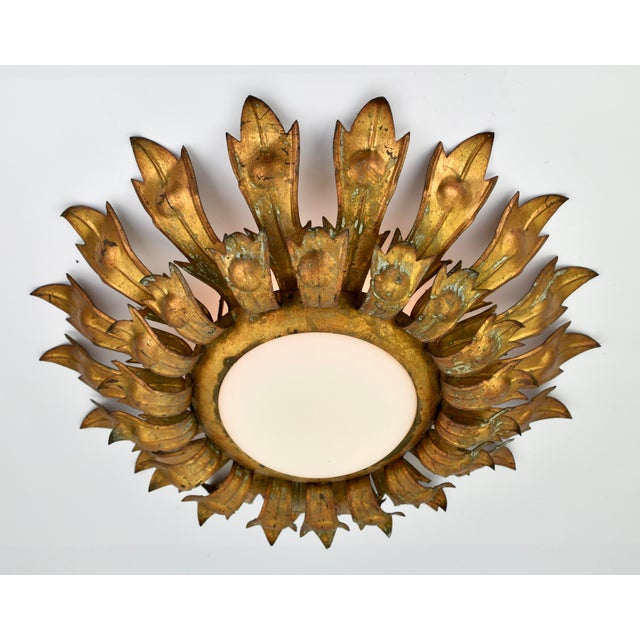 Metal 1950s Mid Century Gilded Spanish Sunburst Flush Mount With Green Patina For Sale - Image 7 of 13