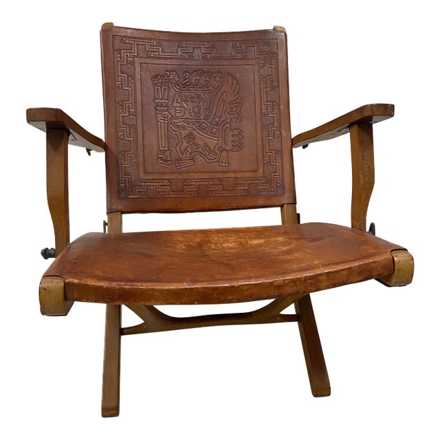 Ecuadorian Mid-Century Stamped Leather Folding Arm Chair For Sale