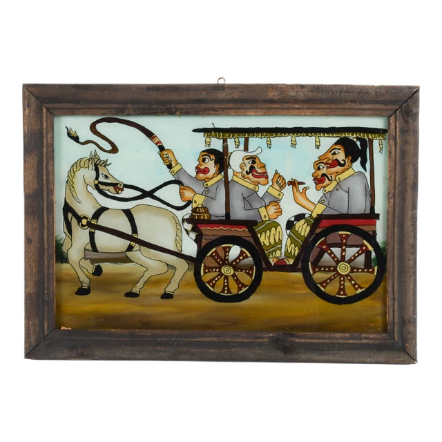 Framed Punakawan Charriot Ride Reverse Glass Painting For Sale