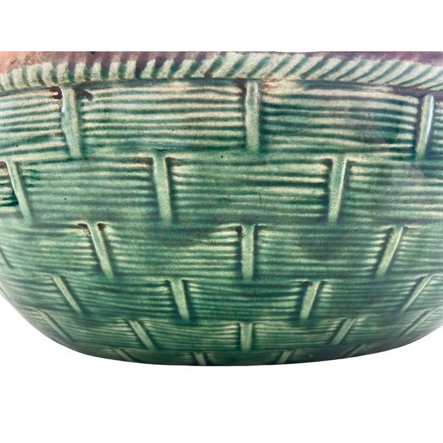 1930s Tellurite Green Mushroom Majolica Lidded Casserole Dish With Basket Weave For Sale - Image 9 of 14