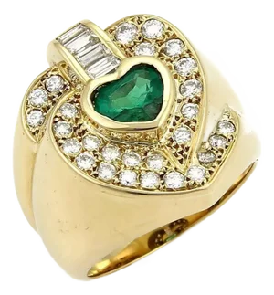 Diamond & Emerald 18k Yellow Gold Heart Ring, Size 7