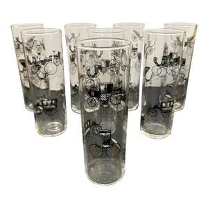1950s Vintage Buggie Motif Tall Highball Cocktail Glasses Set of 8