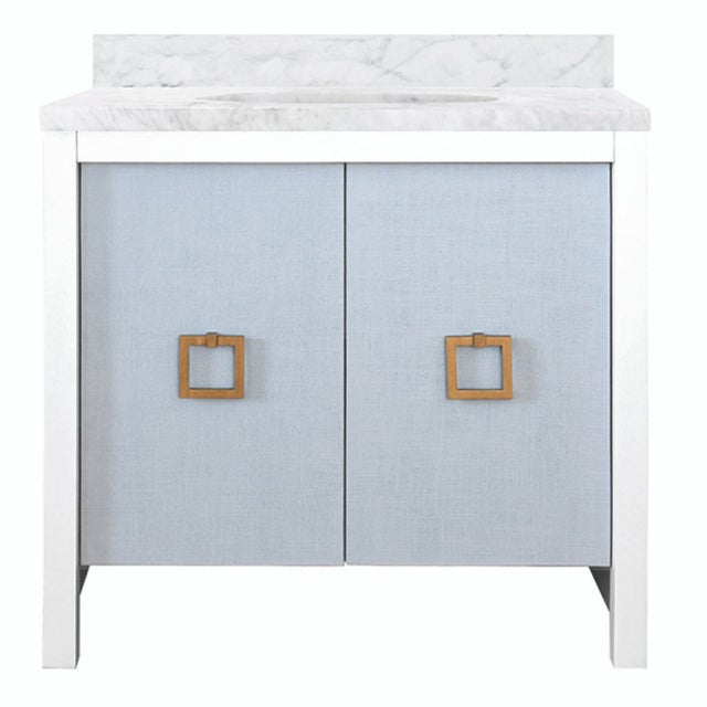 Matthew Izzo Home April Single Porcelain Sink Bath Vanity With Textured Light Blue Linen, Matte White Lacquer and Brass Hardware For Sale - Image 9 of 9