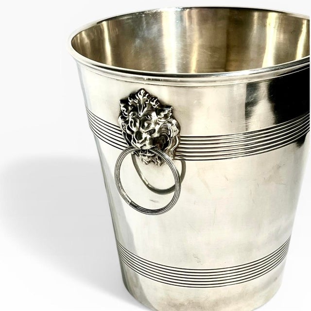 Early 20th Century French Art Deco Silver Plate Champagne Bucket – L’Orfèvrerie Lion Head Ring Handles, Early 20th Century For Sale - Image 5 of 14