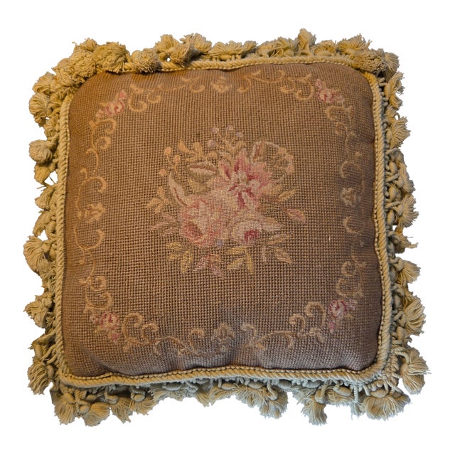 Vintage Needlepoint Floral Pillow For Sale