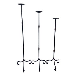 Hand Forged Iron Candelabra Set of 3 (90-110cm) Antique Copper Finish Slender Stem with French Scroll Base For Sale