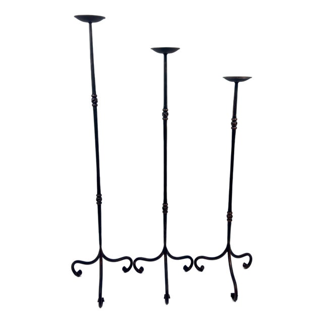 Hand Forged Iron Candelabra Set of 3 (90-110cm) Antique Copper Finish Slender Stem with French Scroll Base For Sale