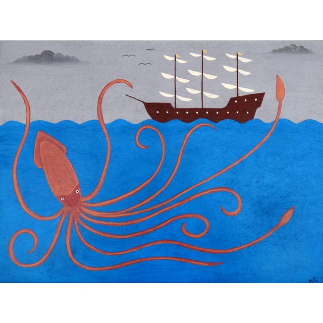 Matt Rix, Naive Style Giant Squid & Sail Ship, Oil on Board, Framed For Sale - Image 12 of 15
