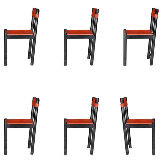 Ibisco Dining Chairs with Patinated Cognac Leather, Italy, 1970s, Set of 6 For Sale