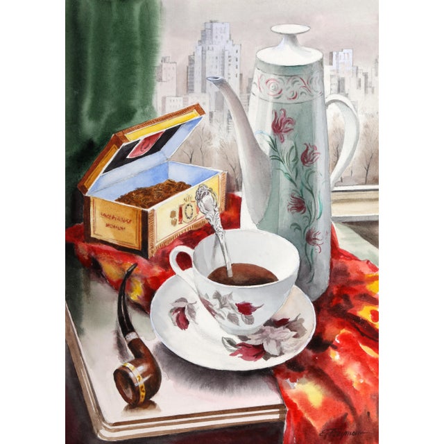 Pipe and Coffee, Erik Freyman Watercolor With Pastel on Paper, Signed in Pen For Sale