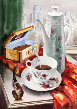 Pipe and Coffee, Erik Freyman Watercolor With Pastel on Paper, Signed in Pen