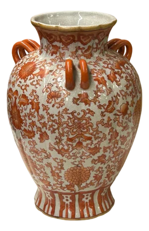Vintage Oriental Orange Red Floral Baluster Shape Porcelain Art Vase
