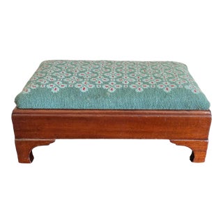 Antique Walnut Green Needlepoint Footstool For Sale