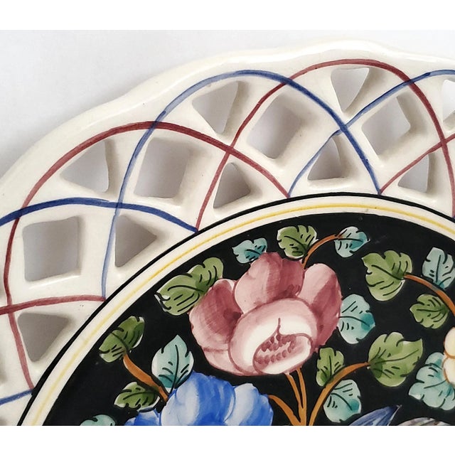 Porcelain Hand Painted Porcelain Wall Plate With Flowers & Bird, 1973, Signed For Sale In Miami - Image 6 of 10