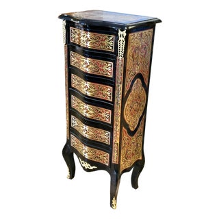 French Boulle Lingerie Chest With Six Drawers, Black Lacquer Finish, Brass Inlay & Marble Top For Sale