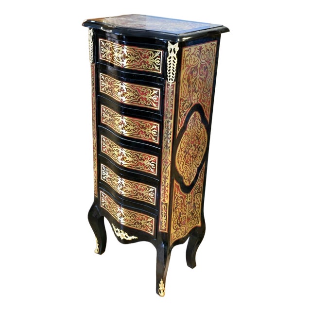 French Boulle Lingerie Chest With Six Drawers, Black Lacquer Finish, Brass Inlay & Marble Top For Sale