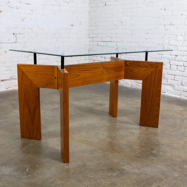 Mid to Late 20th Century Modern to Scandinavian Modern Dining Table Teak Slab Base & Rectangular Beveled Glass Top For Sale - Image 6 of 18