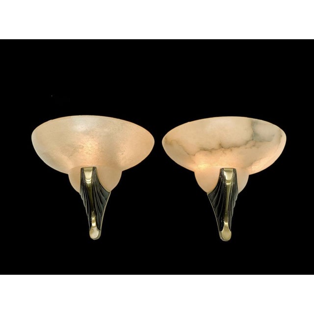 Art Deco Alabaster and Bronze Wall Lamps, 1950s, Set of 2 For Sale - Image 4 of 9