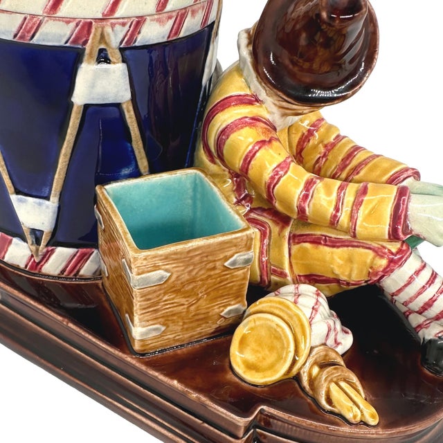 Brown A Sarreguemines Majolica Smoking Stand, Drunk Street Musician and Dog, Ca. 1880 For Sale - Image 8 of 12