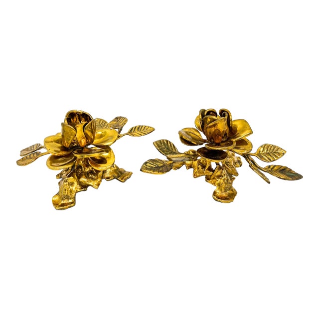 Vintage Pair Gold-Tone Metal Rose Candle Holders — Hollywood Regency / Maison Jansen Style For Sale