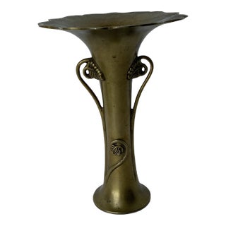 Arts & Crafts Fluted Brass Vase With Decorative Leaf Handles For Sale