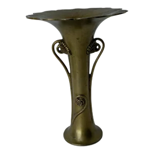 Arts & Crafts Fluted Brass Vase With Decorative Leaf Handles