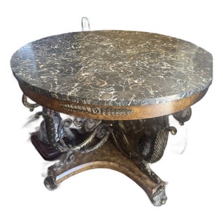 Maitland Smith Gilded Empire Revival Marble-Top Center Table With Bronze & Burl Wood Base and 4 Regency Style Chairs For Sale
