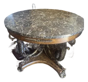 Maitland Smith Gilded Empire Revival Marble-Top Center Table With Bronze & Burl Wood Base and 4 Regency Style Chairs