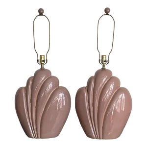 A Pair of 1970s Postmodern Large Scale Ceramic Lamps With Brass Accents Scalloped Outline