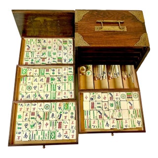 Late 19th C. Antique Chinese Boho Chic Chinoiserie Mahjong Game Set, Walnut & Brass Box For Sale