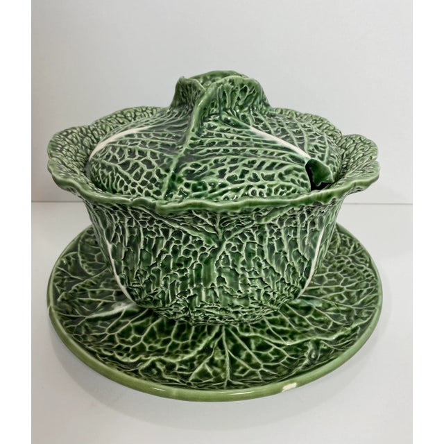 1970s Vintage Majolica Cabbage Lidded Soup Tureen With Under Plate For Sale - Image 11 of 11