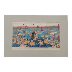 Japanese Crossing the Ohe-E-Ga-Wa Woodblock Print, 1856