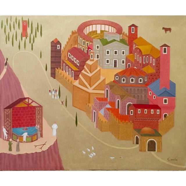 Red Philip Castle, Fantastic Village Scene Modern Irish Magic Realism Oil Painting For Sale - Image 8 of 8