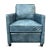 Blue leather club chair with brass finish metal rivet detail on edges. Transitional stylish arm chair with beautiful...